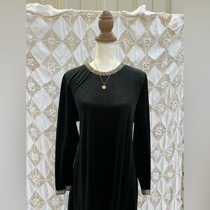 Vintage 70s Black Velvet Long Sleeve with Witchy Metallic Trim / L/XL